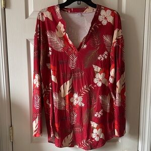 Floral Red V-Neck Women's Top size Large